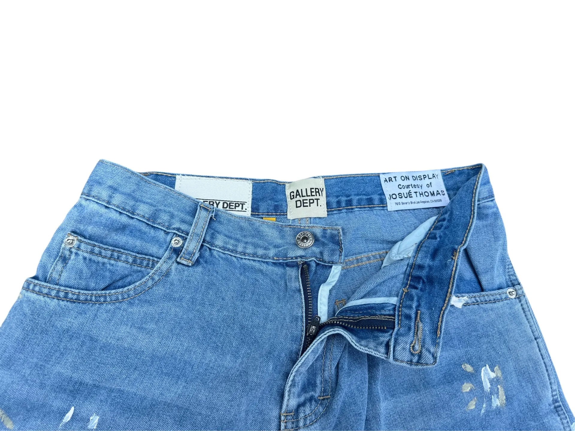 P200💰GD098 GALLERY DEPT splashing ink and paint destroying the edges, retro washed and distressed high street logging workwear denim shorts Workmanship: original accessories Customized original Logo buttons YKK zippers 6 complete labels Original hang tag Color: blue Size: S-XXL (28 30 32 34 36)